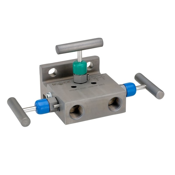 3 Valve Manifold, Hard Seat, 1/2 NPT Female x 1/2 NPT Female, 316 SS, 0.187" Orifice
